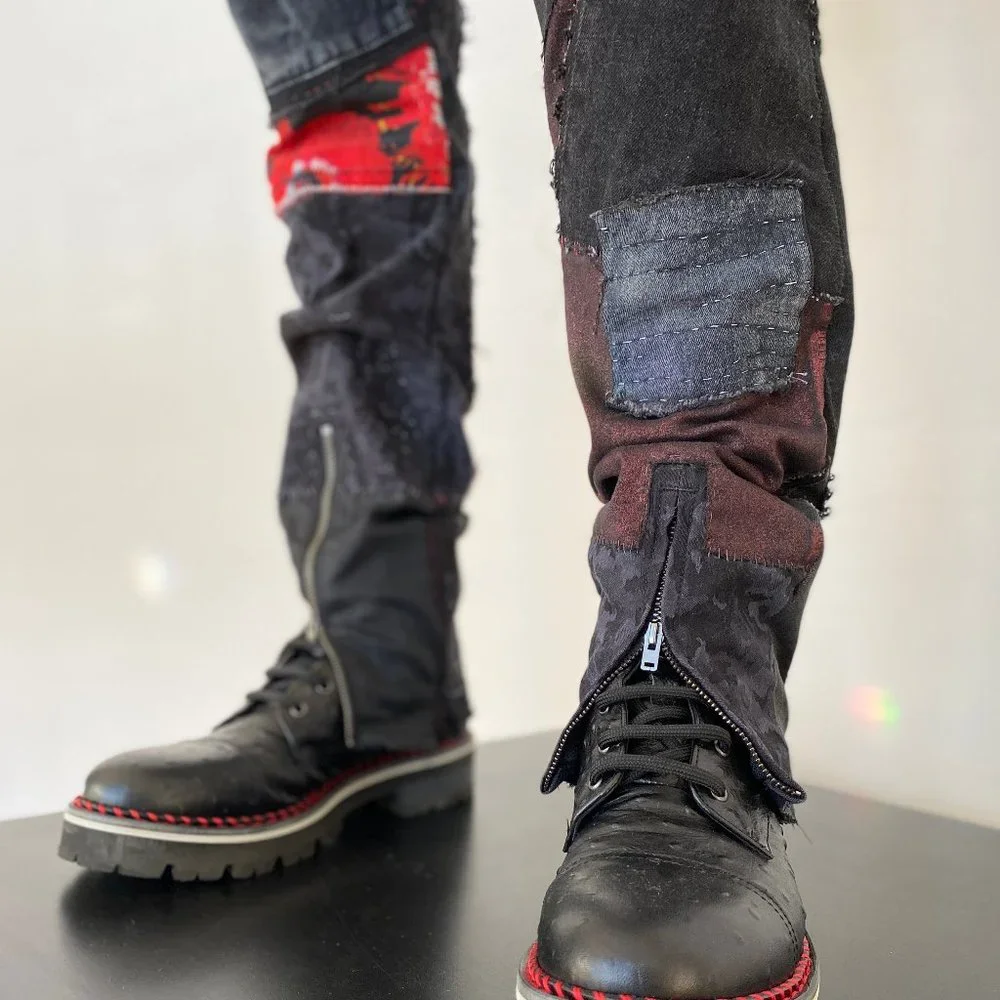 Acid Washed Black & Grey jeans with Metallic silver and CRIMSON Rose Tie Dye - Picture 6 of 17